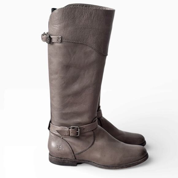 Frye Shoes - Frye Phillip Women's Size 9.5 B Riding Boots Tall Leather Gray Buckles Side Zip